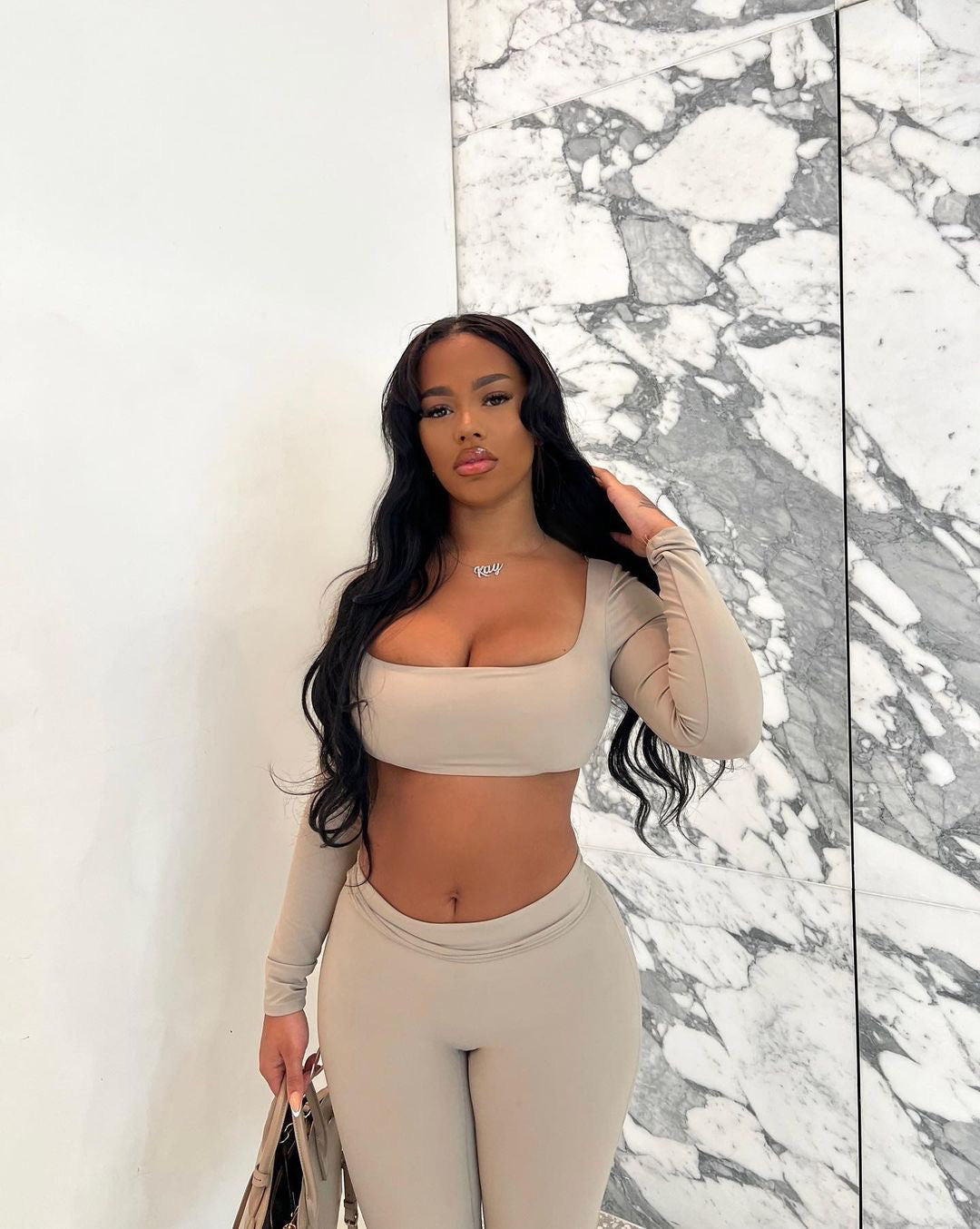 Khaki Cropped Sleeve Set