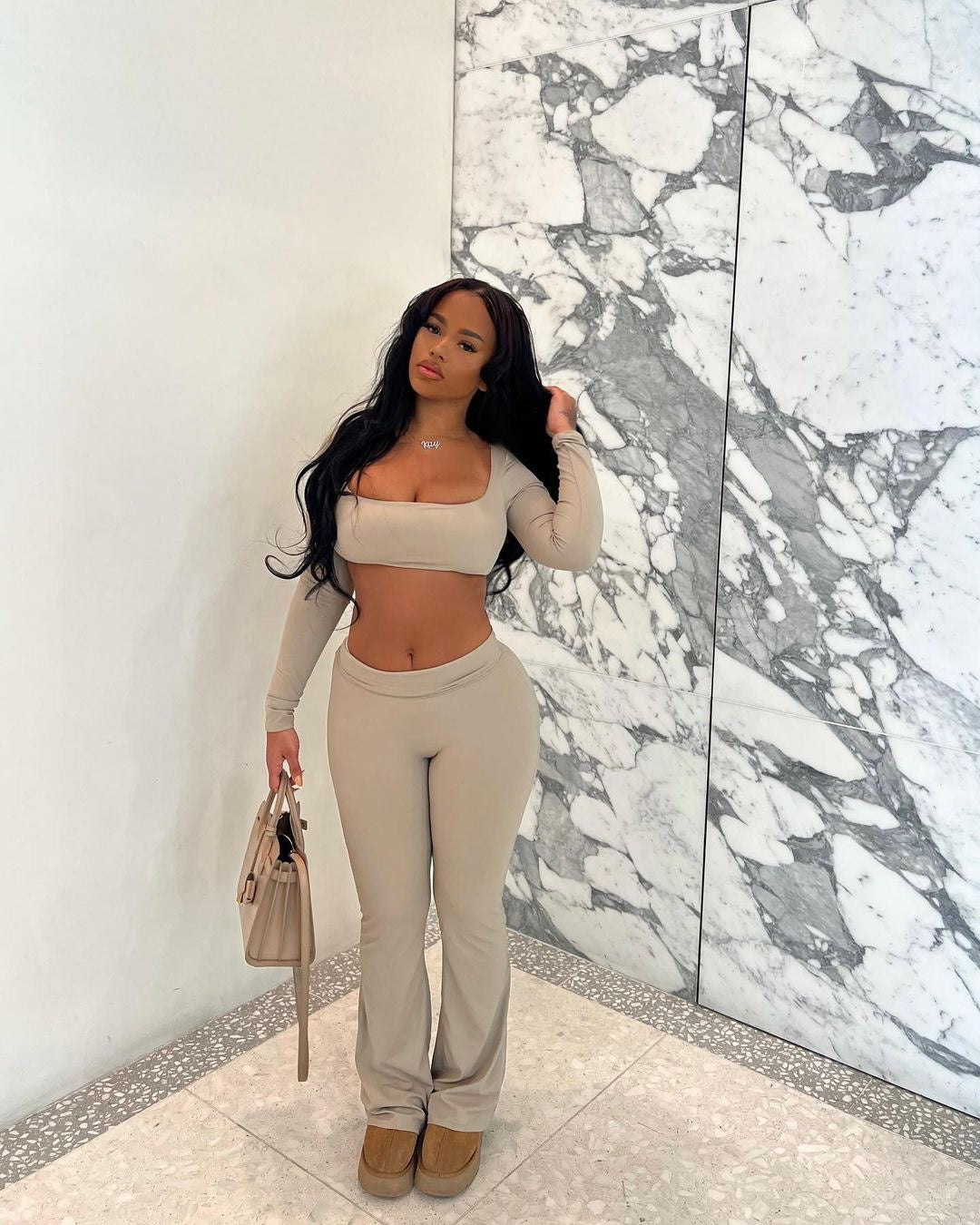 Khaki Cropped Sleeve Set
