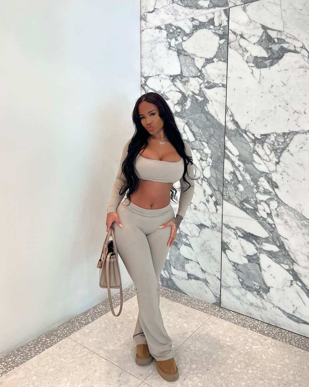 Khaki Cropped Sleeve Set